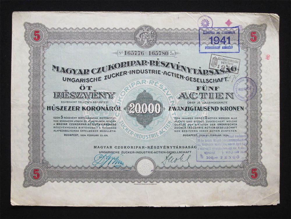 Magyar Czukoripar (cukor) Rt. részvény 5x20000 korona 1924